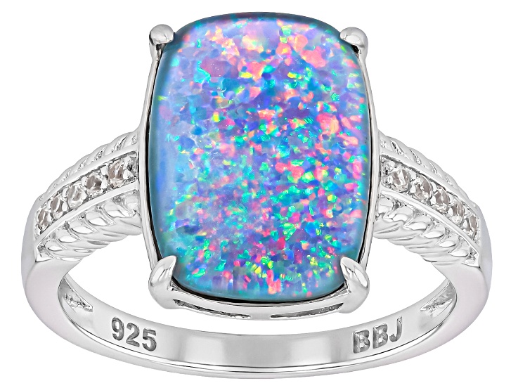 Australian Opal Triplet With White Zircon Rhodium Over Sterling Silver Ring 0.18ctw