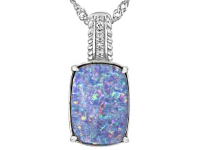 Australian Opal Triplet & White Zircon Rhodium Over Sterling Silver Pendant/Chain, 14x10mm, 0.09ctw