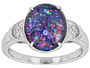 Australian Opal Triplet with Lab-Grown Diamond Rhodium Over Sterling Silver Ring, 12x10mm, 0.12ctw