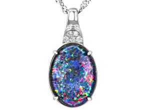 Australian Opal Triplet with Lab-Grown Diamond Rhodium Over Silver Pendant/Chain 16x12mm, 0.06ctw
