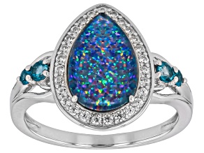 Australian Opal Triplet with London Blue Topaz & White Zircon Rhodium Over Silver Ring 0.46ctw