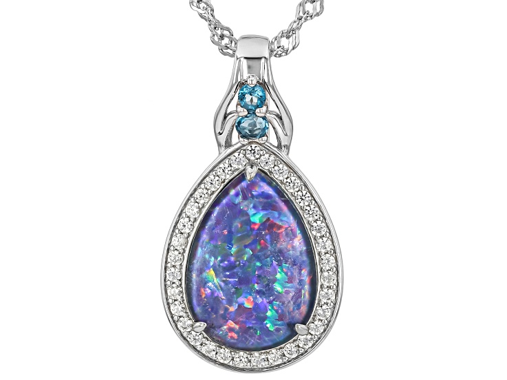 Australian Opal Triplet With London Blue Topaz & Zircon Rhodium Over Silver Pendant/Chain 0.42ctw