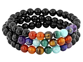 Black Onyx With Multi-Gemstone Chakra Stretch Bracelet Set of 3, 8-9mm