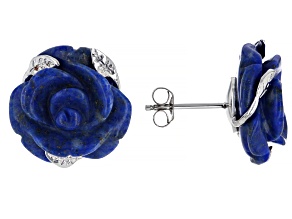 Blue Lapis Lazuli Rhodium Over Sterling Silver Carved Rose Earrings