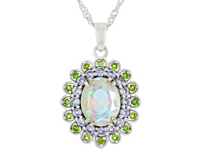 White Ethiopian Opal With Tanzanite & Chrome Diopside Rhodium Over Silver Pendant With Chain