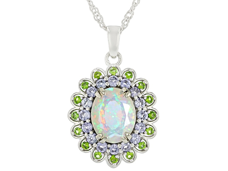 White Ethiopian Opal With Tanzanite & Chrome Diopside Rhodium Over Silver Pendant With Chain