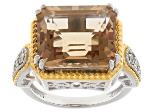 Champagne Quartz With Marcasite Rhodium & 18K Yellow Gold Over Sterling Silver Ring 5.40ct