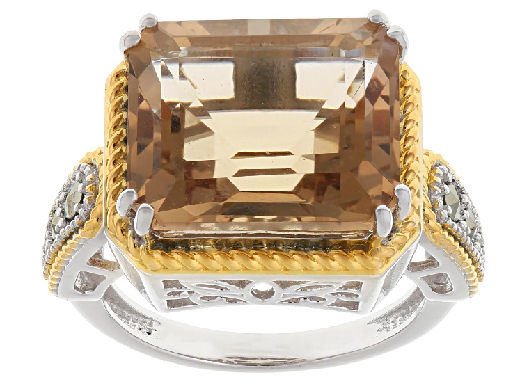 Champagne Quartz With Marcasite Rhodium & 18K Yellow Gold Over Sterling Silver Ring 5.40ct