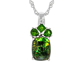 Black Ethiopian Opal With Chrome Diopside Rhodium Over Sterling Silver Pendant with Chain 0.39ctw