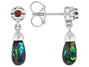 Black Ethiopian Opal With Red Garnet Rhodium over Sterling Silver Earrings 0.15ctw