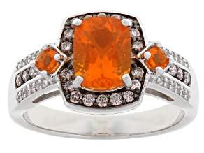 Orange Fire Opal, Lab-Grown Diamond & White Zircon Rhodium Over Sterling Silver Ring 1.33ctw
