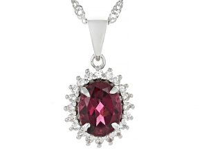 Raspberry Color Rhodolite & White Zircon Rhodium Over Sterling Silver Pendant with Chain 2.22ctw