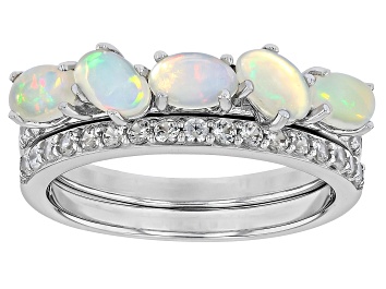 Picture of White Ethiopian Opal with White Zircon Rhodium Over Silver Stackable Set of 2 Rings 1.09ctw