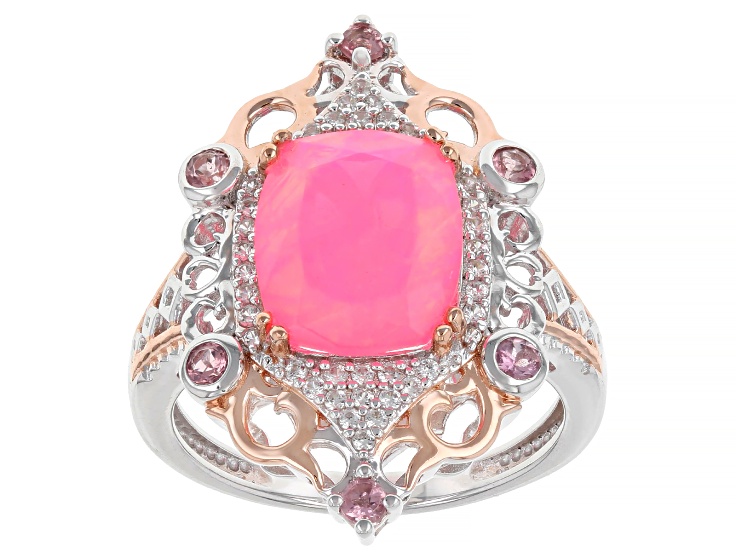 Pink Ethiopian Opal Rhodium and 18k Rose Gold Over Silver Ring 2.55ctw