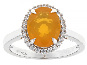 Orange Brazilian Fire Opal with White Zircon Rhodium Over Sterling Silver Ring 1.61ctw