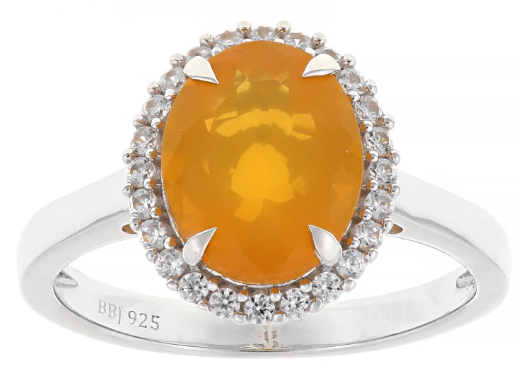 Orange Brazilian Fire Opal with White Zircon Rhodium Over Sterling Silver Ring 1.61ctw