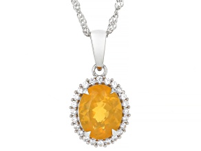 Orange Brazilian Fire Opal with White Zircon Rhodium Over Sterling Silver Pendant with Chain 1.61ctw