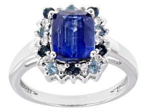Blue Kyanite, London Blue, Swiss Blue & White Topaz Rhodium Over Sterling Silver Ring 5.32ctw