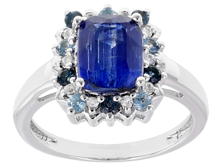 Blue Kyanite, London Blue, Swiss Blue & White Topaz Rhodium Over Sterling Silver Ring 5.32ctw