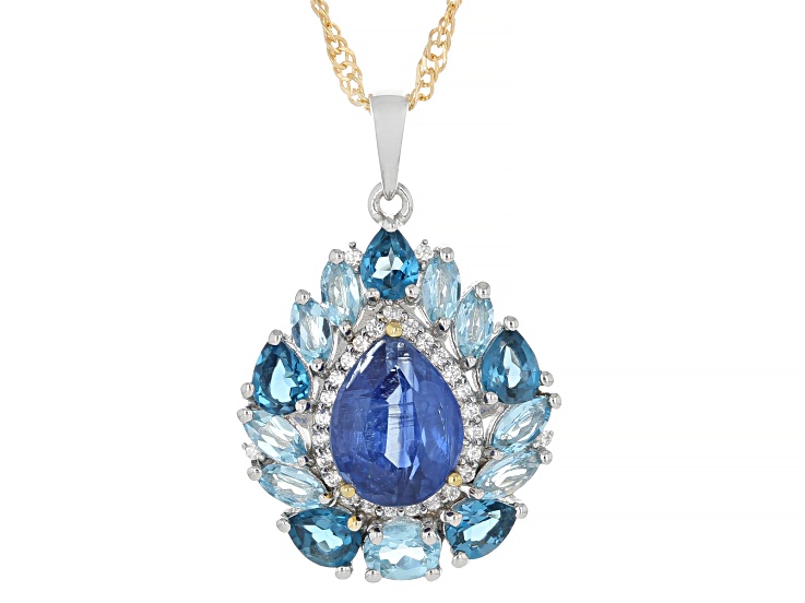 Blue Kyanite With Topaz & Zircon Rhodium & 18K Yellow Gold Over Silver Pendant With Chain 3.44ctw