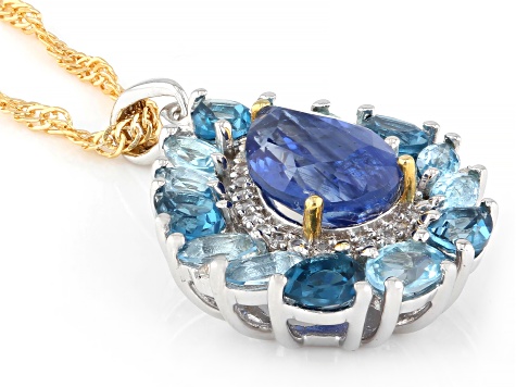 Blue Kyanite With Topaz & Zircon Rhodium & 18K Yellow Gold Over Silver Pendant With Chain 3.44ctw