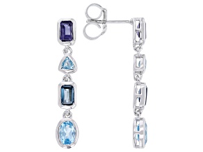Swiss Blue Topaz, London Blue Topaz & Iolite Rhodium Over Sterling Silver Earrings 2.33ctw