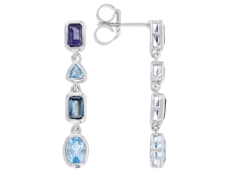 Swiss Blue Topaz, London Blue Topaz & Iolite Rhodium Over Sterling Silver Earrings 2.33ctw