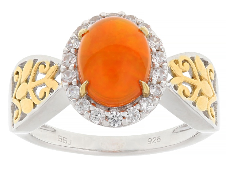 Orange Ethiopian Opal & White Zircon Rhodium & 18K Yellow Gold Over Sterling Silver Ring 1.32ctw