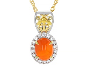 Orange Ethiopian Opal With White Zircon Rhodium & 18K Gold Over Silver Pendant With Chain 1.32ctw