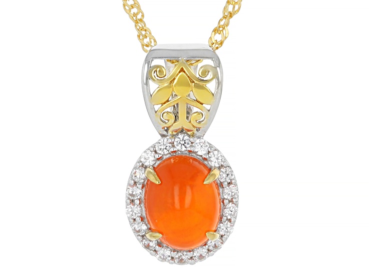 Orange Ethiopian Opal With White Zircon Rhodium & 18K Gold Over Silver Pendant With Chain 1.32ctw