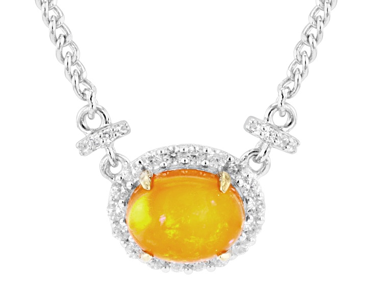 Orange Ethiopian Opal With White Zircon Rhodium and 18K Yellow Gold Over Silver Necklace 1.38ctw
