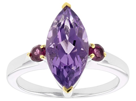 Canela Amethyst With Rhodolite Rhodium & 18K Yellow Gold Over Sterling Ring 3.05ctw