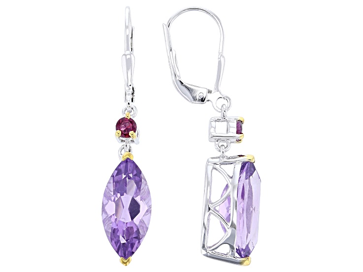 Purple Canela Amethyst With Rhodolite Rhodium & 18K Yellow Gold Over Silver Earrings 5.76ctw