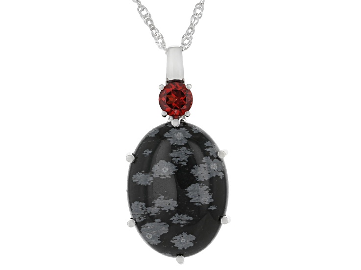 Black Snowflake Obsidian With Red Garnet Rhodium Over Sterling Silver Pendant With Chain 0.46ct