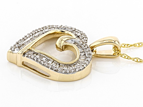 Baguette And Round White Diamond 10k Yellow Gold Heart Pendant With Chain 0.50ctw