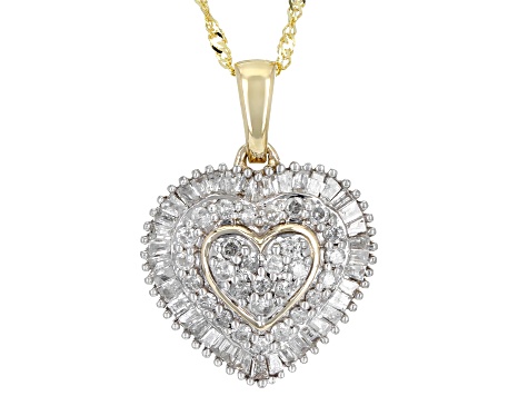 White Diamond 10k Yellow Gold Heart Pendant With Chain 0.75ctw