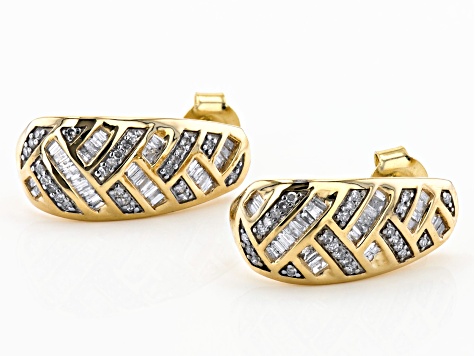 White Diamond 10k Yellow Gold J-Hoop Earrings 0.65ctw