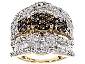 White And Champagne Diamond 10k Yellow Gold Cluster Ring 3.00ctw
