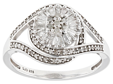 White Diamond Platinum Over Sterling Silver Halo Ring 0.55ctw