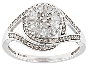 White Diamond Platinum Over Sterling Silver Halo Ring 0.55ctw