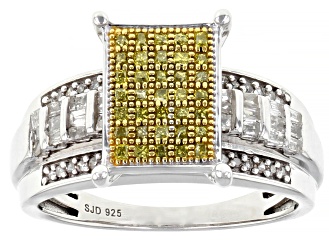 Yellow And White Diamond Platinum Over Sterling Silver Quad Ring 0.60ctw