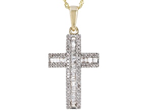 White Diamond 10k Yellow Gold Cross Pendant With 18 Inch Chain 0.50ctw