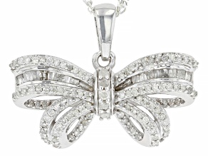 White Diamond Rhodium Over Sterling Silver Bow Pendant With 18" Singapore Chain 0.65ctw