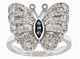 White And Blue Diamond Rhodium Over Sterling Silver Butterfly Ring 0.60ctw