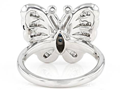 White And Blue Diamond Rhodium Over Sterling Silver Butterfly Ring 0.60ctw