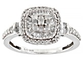 White Diamond Rhodium Over Sterling Silver Halo Ring 0.55ctw