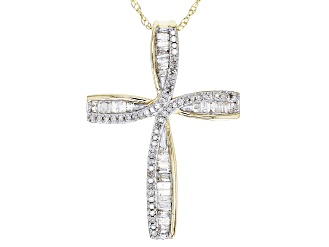 White Diamond 10k Yellow Gold Cross Slide Pendant With 18" Rope Chain 0.55ctw