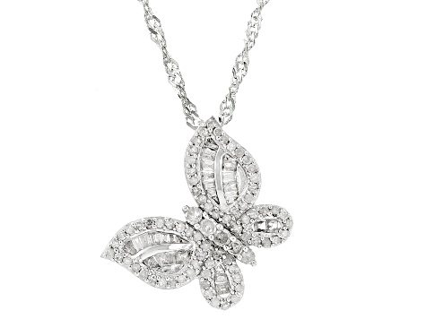 White Diamond Rhodium Over Sterling Silver Butterfly Slide Pendant With 18" Singapore Chain 0.50ctw