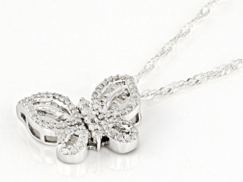 White Diamond Rhodium Over Sterling Silver Butterfly Slide Pendant With 18" Singapore Chain 0.50ctw