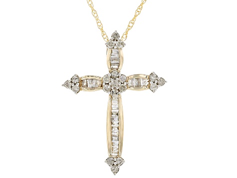 White Diamond 10k Yellow Gold Cross Slide Pendant With 18" Rope Chain 0.55ctw